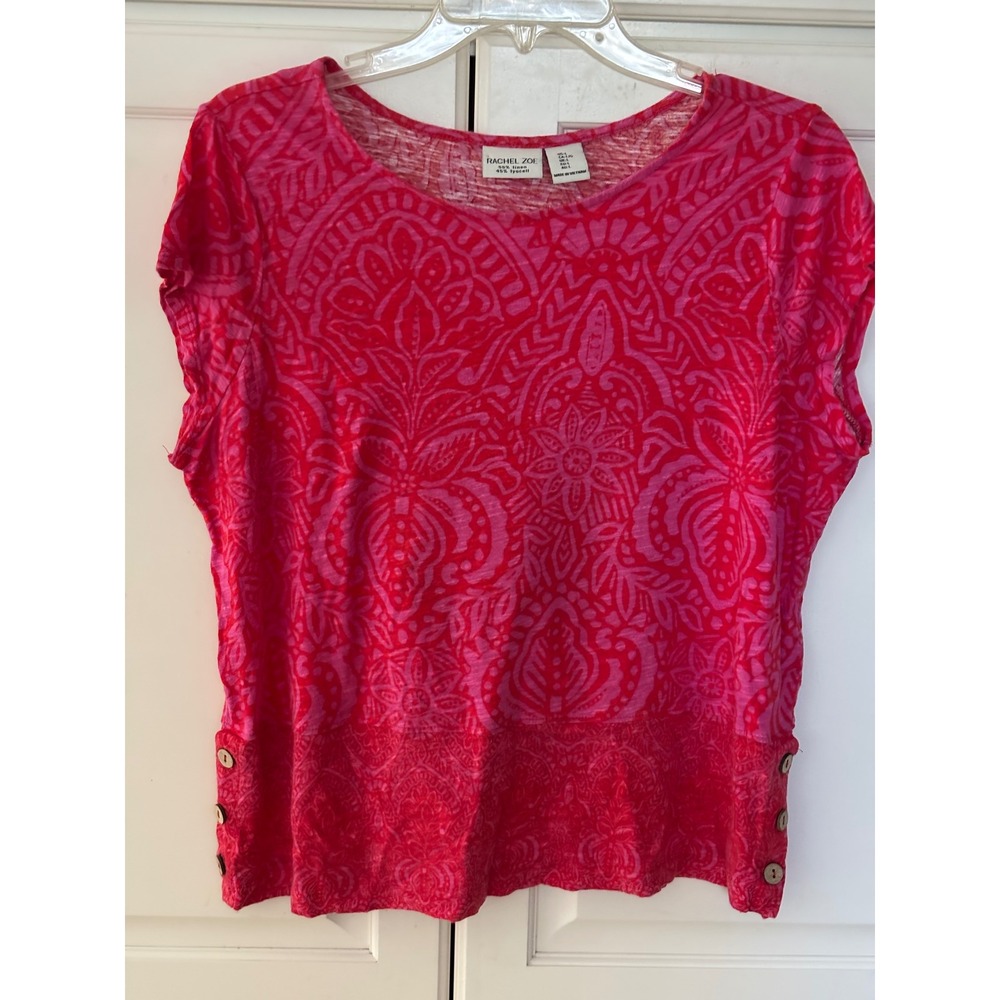 Rachel Zoe Pink Red Paisley Linen Blend Button Side Top Large
